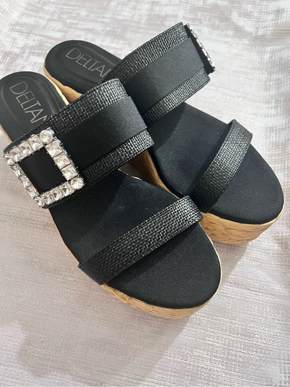 NWOB $99 Deltan - Black Rhinestone Buckle Raffia Platform Wedge Sandals